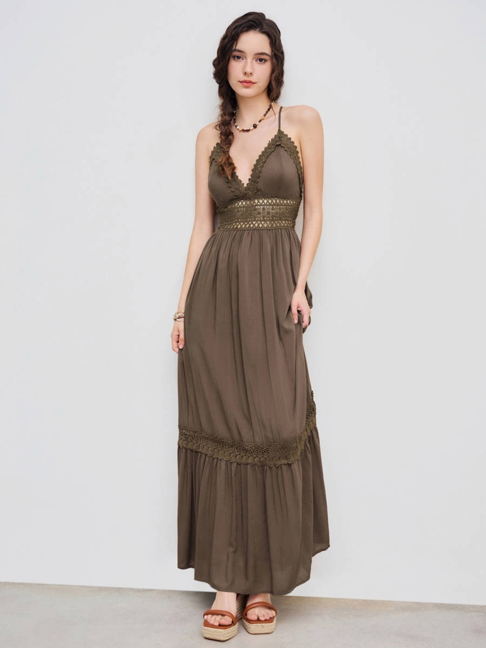 Stylish Brown Solid Lace Trim Tiered Maxi Dress featuring a delicate crochet-